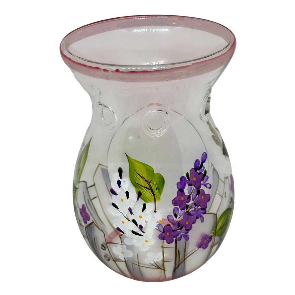 VTG Hand Painted Glass Oil Wax Warmer Lilac Floral Butterfly Clear Pink Trim